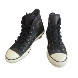 Lined Leather Converse Chuck Taylor High Top Sneakers Side Zipper Black Womens 7